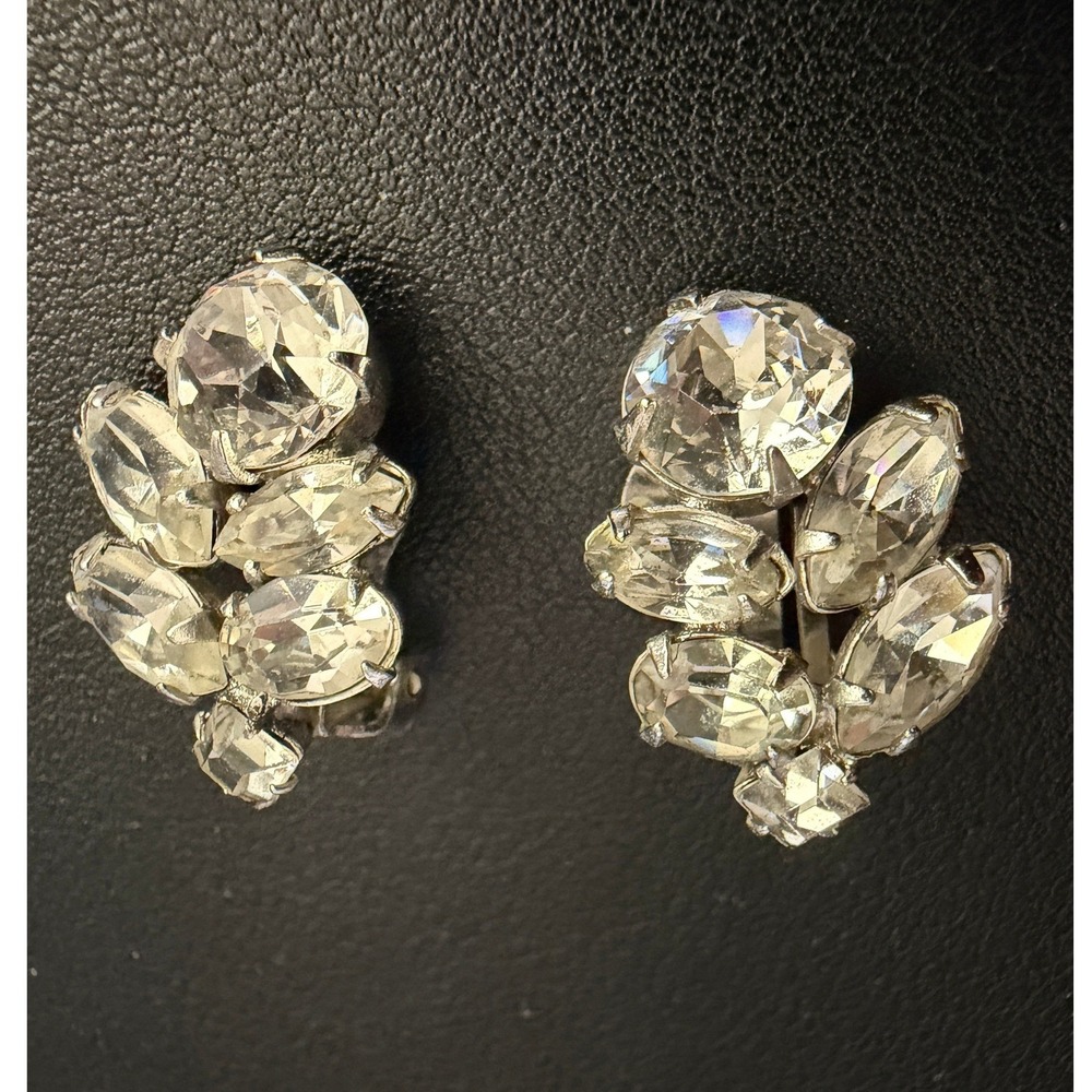 Vintage Rhinestone Earrings Clip Ons Silver Tone